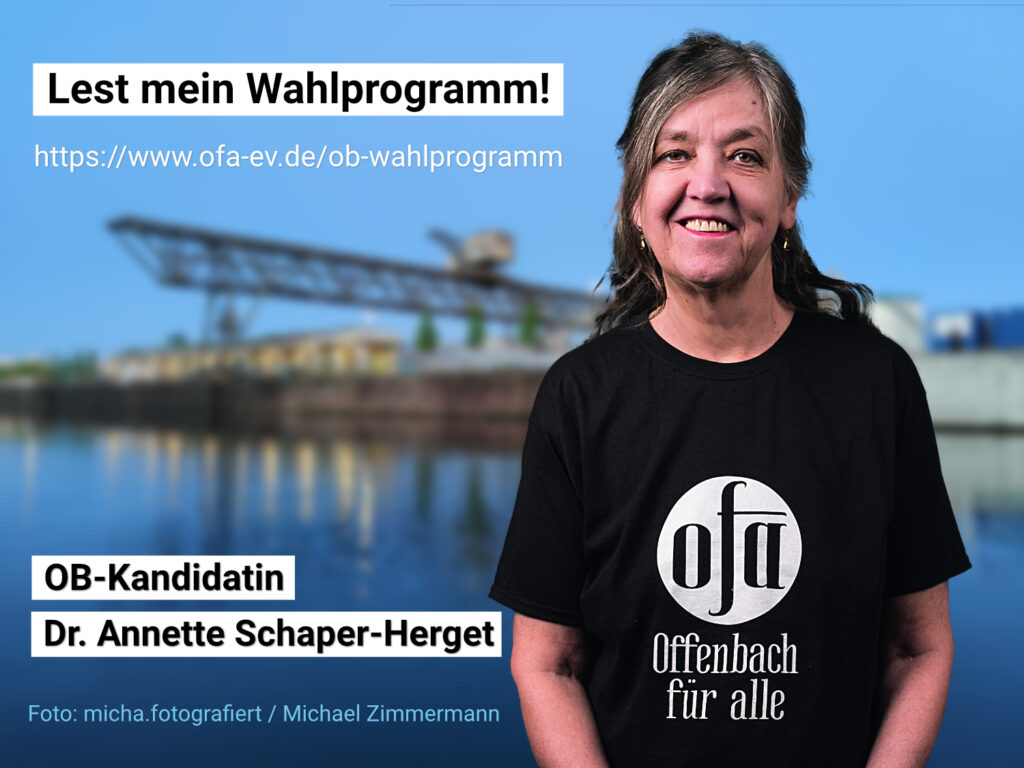 Foto von Annette, im Hintergrund unscharf der Kohlekran, Texte "Wahlprogramm", der Link dazu, "OB"-Kandidatin