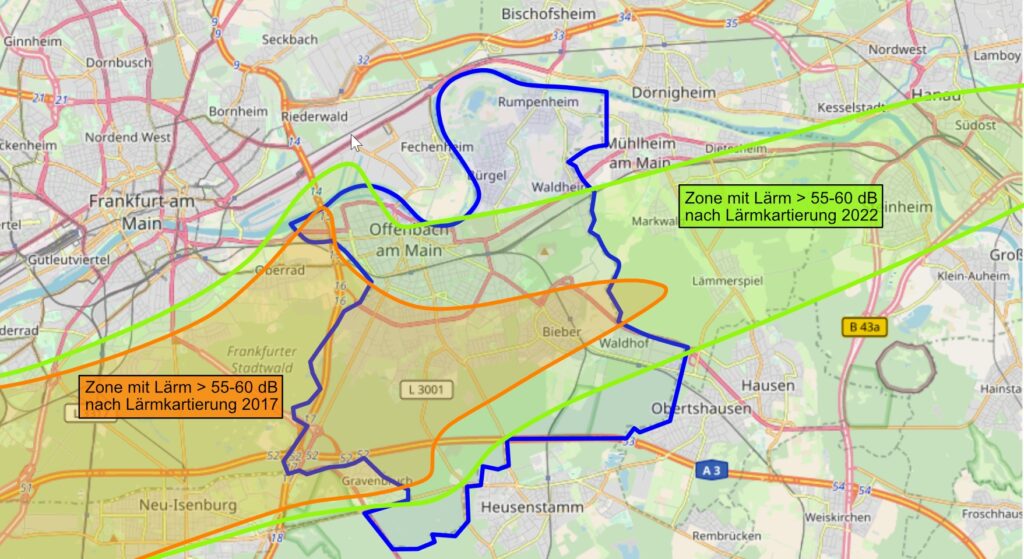 Karte mit em Stadtgebiet und den eingezeichneten Bereichen über 55-60 dB von 2017 und 2022