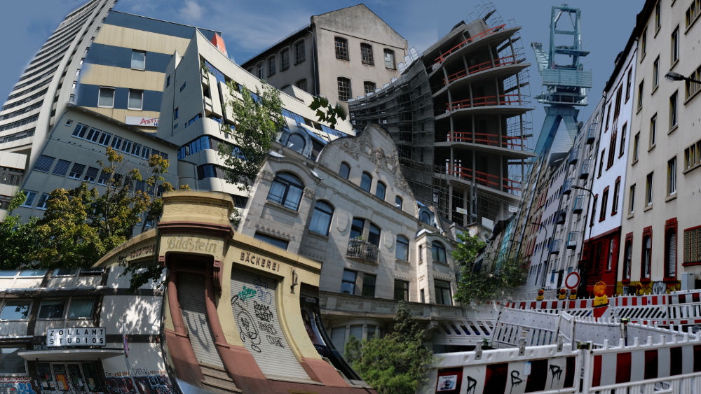 Eine Collage verschiedener Gebäude aus Offenbach, alle verformt, alles durcheinander. Baustelle auch dabei