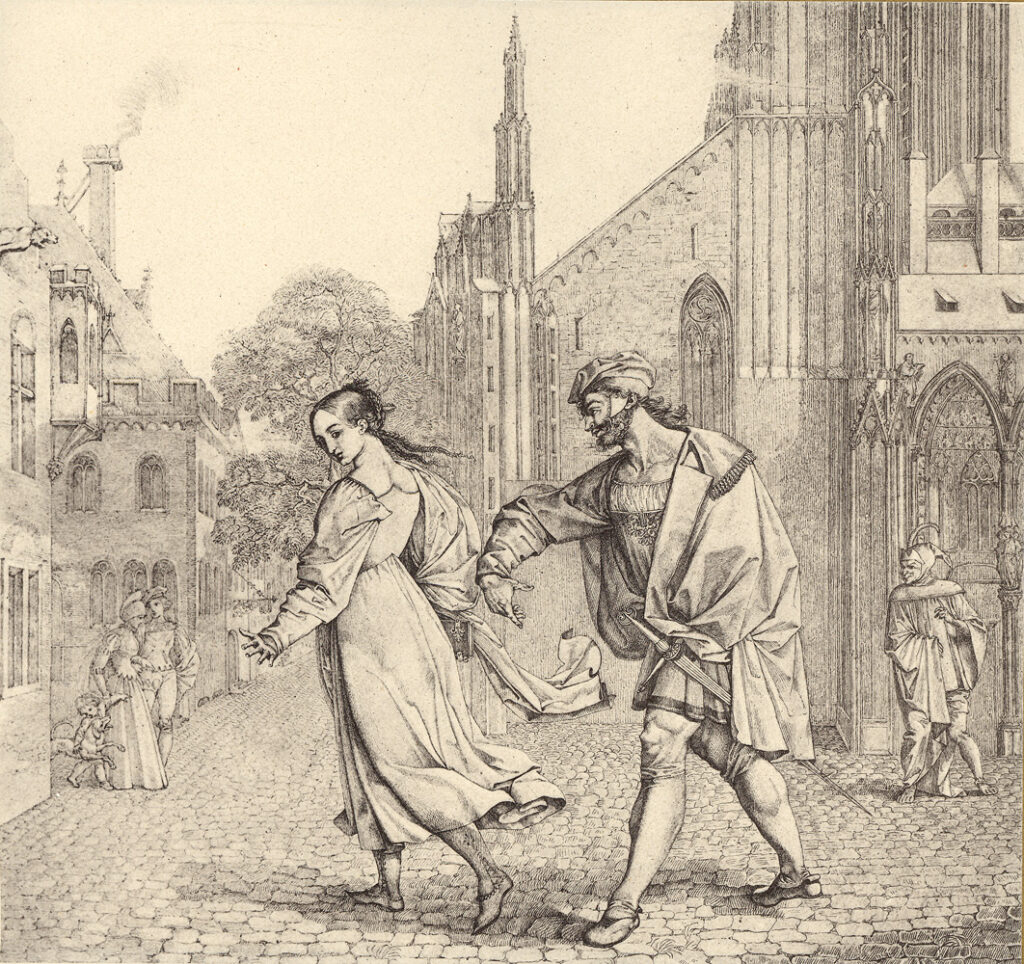 Altes Gemälde: Faust bietet Gretchen den Arm, von Peter von Cornelius (1811)
